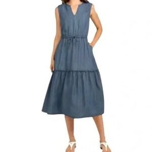 Lands' End Chambray Denim Midi Dress Blue V Neck Sleeveless Tiered Large